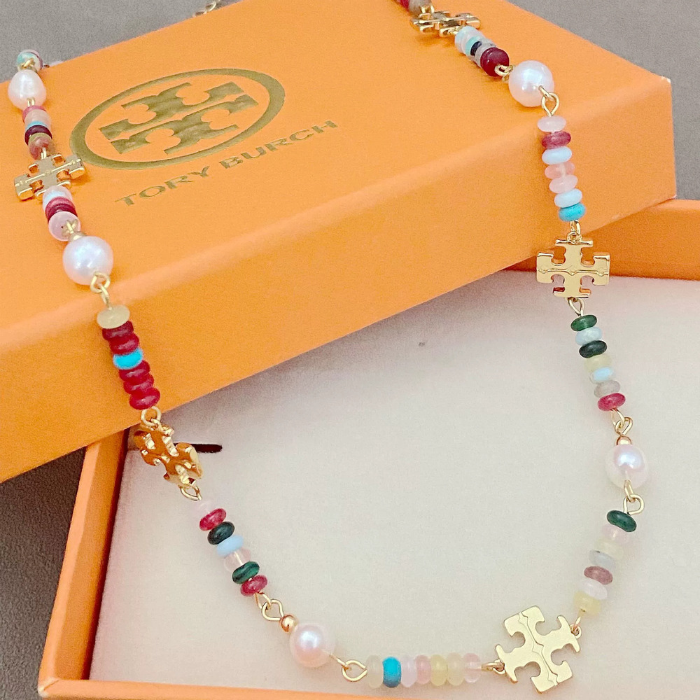 Tory Burch Natural Stone Freshwater Pearl Colored Glass Metal Necklace